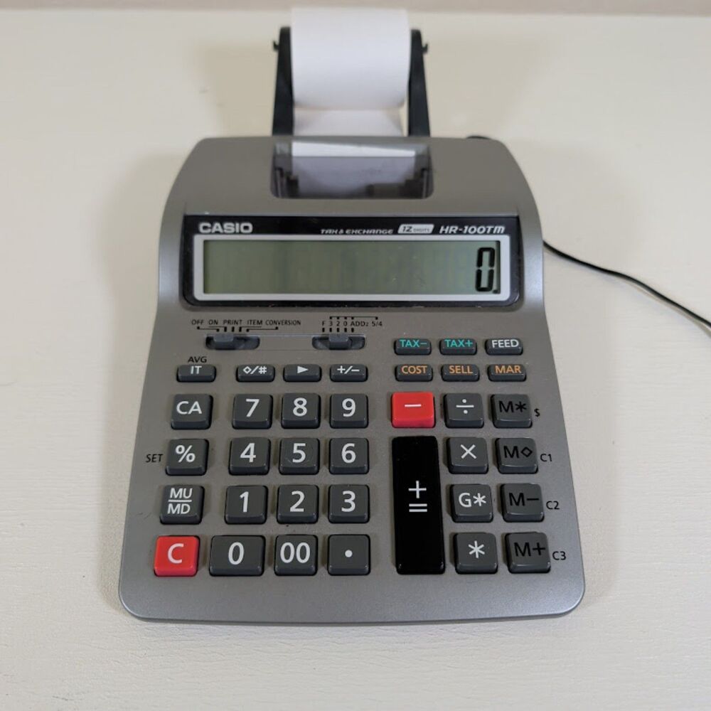 Casio HR100TM 12Digit Printing Calculator Tested Work w/ AC Adapt New Paper Roll